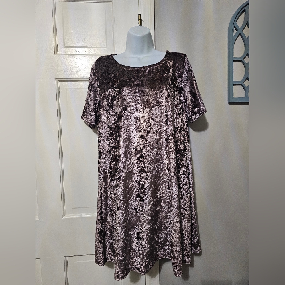 POL Brown Midi Dress Short Sleeve Crew Neck Velvet